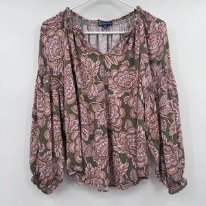 Democracy Top Women Large Green Pink Floral Long Puff Sleeve Boho Peasant V Neck